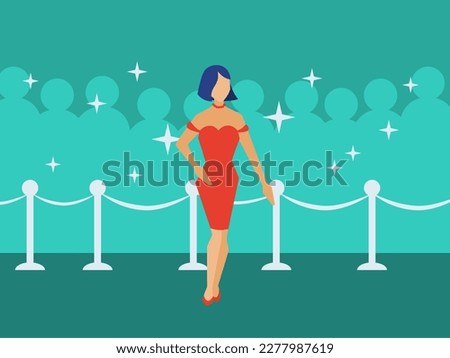 blue short-haired girl in beautiful orange strapless dress posing on red carpet with paparazzi in the back. faceless woman, elegant, and fancy vector illustration for website and poster.