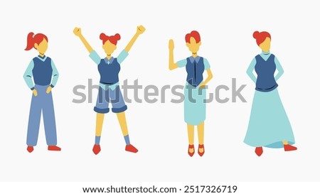 Set of girls using vest semi formal style with cute hairstyle, back to school illustration resource for posters and banners