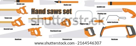 Type of hand saw tools set isolated vector on white background. Consists of Handsaw, Hacksaw, Tenon, Floorboard, Gents, Dovetail, Crosscut, Junior, Coping, Ryoba, Azebiki, Dozuki, and Pruning saw.