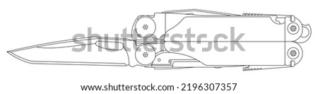 Multitool or multi-tool knife isolated outline vector on white background. This cutting tool is used for adjustment or repair of a firearm in field use. that combines several  functions in one.