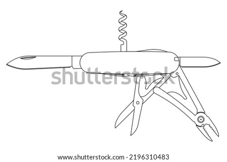 Swiss Army knife or pocket knife isolated outline vector on white background. This cutting tool is using the large blade for cutting food, slicing paper, carving wood, or gutting a fish.