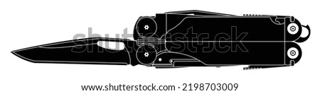 Multitool or multi-tool knife isolated silhouette vector on white background. This cutting tool is used for adjustment or repair of a firearm in field use. that combines several functions in one.