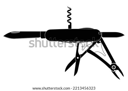 Swiss Army knife or pocket knife isolated silhouette vector on white background. This cutting tool is using the large blade for cutting food, slicing paper, carving wood, or gutting a fish.