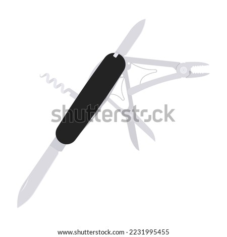 Swiss Army knife or pocket knife isolated color vector on white background. This cutting tool is using the large blade for cutting food, slicing paper, carving wood, or gutting a fish.