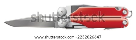 Multitool or multi-tool knife isolated realistic vector on white background. This cutting tool is used for adjustment or repair of a firearm in field use. that combines several  functions in one.