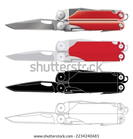 Multitool or multi-tool knife isolated color vector on white background. This cutting tool is used for adjustment or repair of a firearm in field use. that combines several  functions in one.