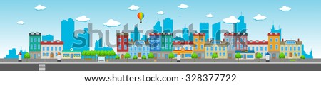 Long city street with various urban buildings, houses, shops, cafes, trees and facilities