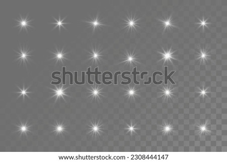 Sparkling stars, twinkling and flashing lights. Collection of various light effects on a transparent background.