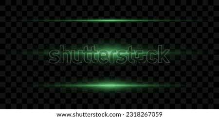Set of green horizontal highlights. Laser beams, horizontal light beams. Beautiful light flashes. Glowing stripes on a transparent background.