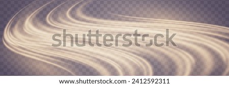 Glowing golden speed lines. Light shining effect. Movements of the light trail. On a transparent background.