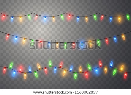 Christmas lights. Colorful Xmas garland. Vector red, yellow, blue and green glow light bulbs on wire strings isolated.