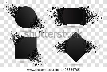 Explosion banners. Square and circle destruction shapes with debris isolated on white background. 3d effect of particles.