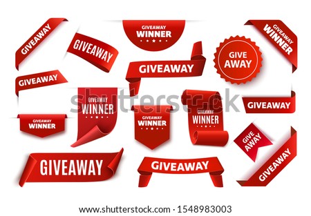 Giveaway tags or labels for social media post. Red announcement 3d banners. Vector giveaway contest ribbons.