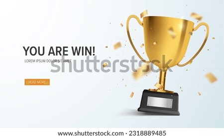 Winner banner. Gold realistic trophy cup with confetti. Vector award nomination background.