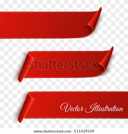 Set of red curved paper blank banners  isolated on transparent background. Vector illustration