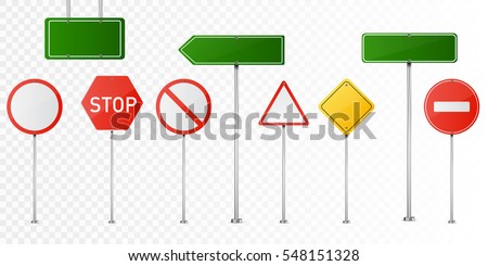 Set of road signs isolated on transparent background. Vector illustration.