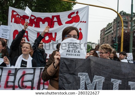 Milan, may 5, 2015 - Protestors march during a rally against the government's education reforms, the 'good school' bill, in Milan, Tuesday, May 5, 2015
