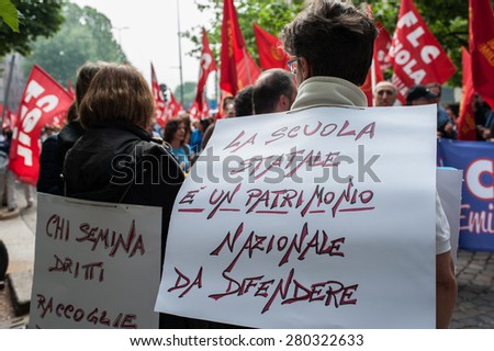 Milan, may 5, 2015 - Protestors march during a rally against the government\'s education reforms, the \'good school\' bill, in Milan, Tuesday, May 5, 2015