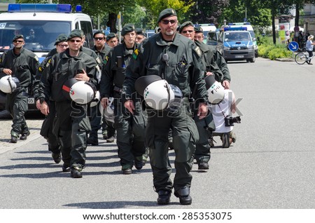 GARMISCH-PARTENKIRCHEN, GERMANY - JUNE 06: Massive police presence at protest against G7 summit. G7 leaders will meet at nearby Schloss Elmau on June 7-8.