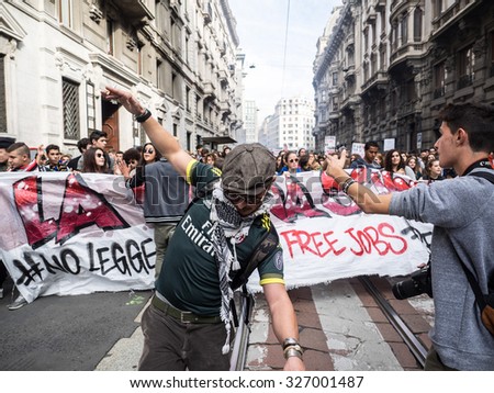 MILANO, OCTOBER 09, 2015: Students march through the street to protest against the School reform\'s wanted by government of the Italian Prime Minister Matteo Renzi