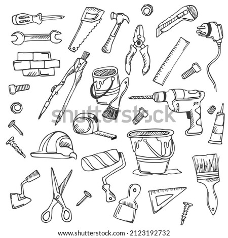 Big doodle set of home repair tools in doodle style. hand and electrical tools, wall painting and woodwork tools, different screwdrivers, drills, hammers, bolts, nails and nuts, measuring tools.