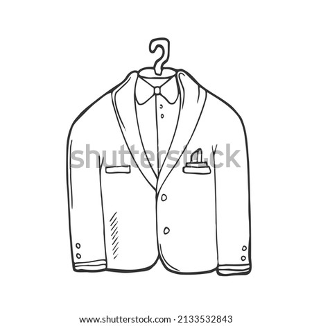 Wedding tuxedo doodle icon. Jacket with bow tie. Mens formal wear. Menswear. Men s suit on mannequin. Atelier. Isolated vector