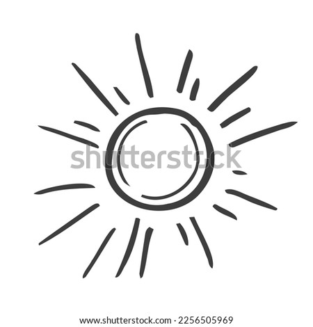 Cute cartoon hand drawn sun drawing. Sweet vector black and white sun drawing. Isolated monochrome doodle sun drawing on white background.