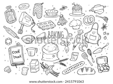 Baking doodles set. Bakery, confectionery and pastry stuff, tools, utensils, equipment and cooking ingredients. Freehand vector drawings isolated on white background