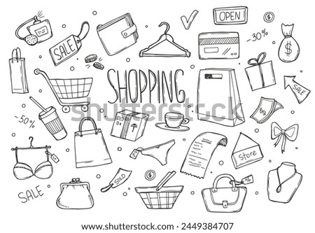 Shopping retail sale and discount doodle set isolated vector illustration isolated