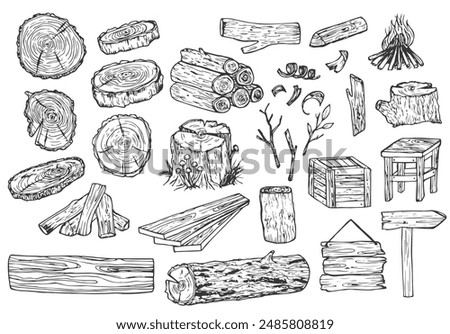 Wood set. Hand drawn. Planks and logs, lumber and Cuts, Firewood in vintage style. Pieces of Tree. Vector illusion for signboard, labels, logo or banner. Campfire material. Engraved Hand drawn sketch.