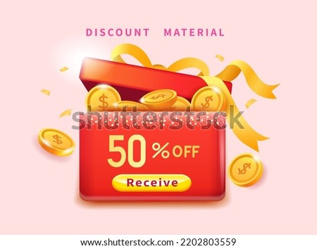 Festive holiday sale big sale 50% off ad template. Red luxury big gift box full of gold coins
