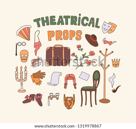 Flat vector illustration of theater props.  Dramatic theater things. Color simple icon set. Concept of artistic properties for playing on the stage. 