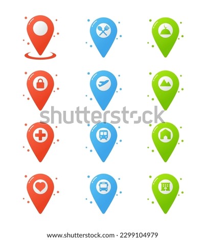 Location pin place marker of restaurant, mosque, lock, airport, mountain and other. Map marker pointer icon set. Modern map markers. Vector icon isolated on white background. Colorful icon.