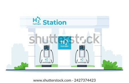 Hydrogen refueling station with two dispensers for H2 vehicles.  Illustration of the concept of fuel cell electric vehicles and hydrogen powered transportation. Green energy flat illustration isolated