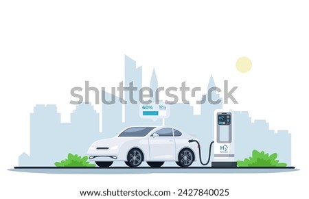 Hydrogen fuel charging station with car. The white electric hydrogen car concept in the city of the future in refueling station. Green energy. flat illustration of the car refueling concept 