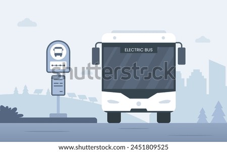 Front view of modern electric bus arriving at the bus stop. Vector illustration for city transportation, commuters, and urban life concept. Eco-friendly vehicle concept