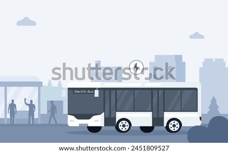 Arrived electric bus with passengers and people waiting at a public transport stop. Cityscape with suburban station. Vector illustration for city transportation, commuters, and urban life concept.