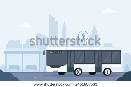 Electric bus stop near the bus shelter. public transport in the modern city. Eco friendly vehicle concept. Vector illustration for city transportation, commuters, and urban life concept.