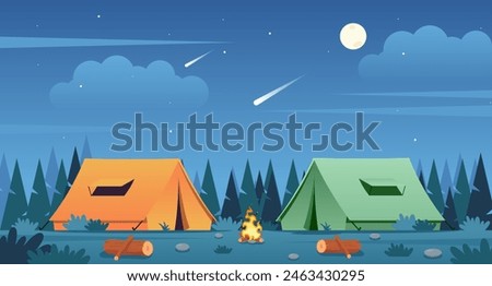 Family Adventure Camping night Scene. Orange and Green Tent, Campfire, logs and Pine forest background, starry night sky with moonlight, cloud, and falling stars