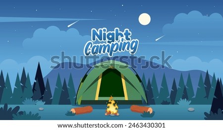 Night camp in a forest with tents, campfire and log near it. Landscape view on a campsite near the mountains. Summer outdoor vacation. Camping background for any design. Cartoon vector illustration.