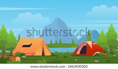 2 camping tents near the river. Summer landscape illustration for camping or hiking. sunny day with a couple of tents, mountains, and a forest. Suitable for camping event posters, banners, and other