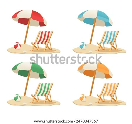 The Vector illustration set of a Wooden Beach Chair, blue Umbrella, and Ball with four colors. Summer holiday on the beach vector illustration.Time to travel concept