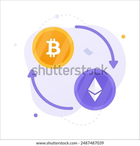 Cryptocurrency transfer transaction from Bitcoin to Ethereum flat illustration concept. gold bitcoin and purple Ethereum coin with two circling arrows. Cryptocurrency exchange vector illustration