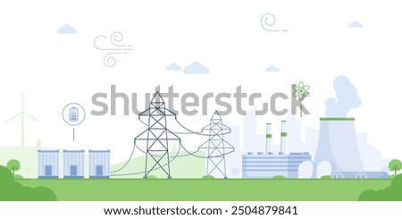 Power grid with electricity distribution wiring from station outline concept. Energy supply lines with towers, generator, and atomic utility vector illustration. Nuclear reactor with infrastructure.