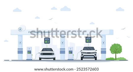 Two electric cars charge simultaneously at a station with city silhouette in the background. Battery levels indicator UI are at 60%. Perfect for sustainable transportation and reducing emissions.