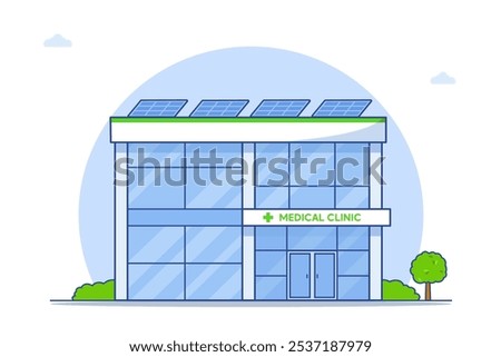 Medical Clinic cartoon Illustration. Flat Vector Illustration of a Modern Medical Clinic with Solar Panels on the rooftop, Suitable for Web Design, Mobile Apps, and Presentations.