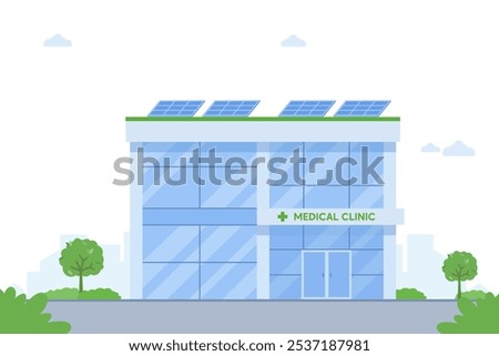 Medical Clinic Illustration. Flat Vector Illustration of a Modern Medical Clinic with Solar Panels, Suitable for Web Design, Mobile Apps, and Presentations.