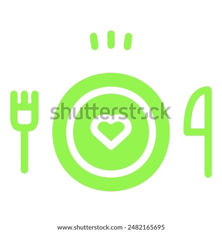 A green plate with a heart in the center, a fork on the left and a knife on the right. The heart symbolizes love for food.