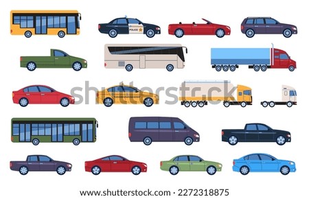 Set of different vehicles. Stickers with cars, buses, delivery trucks, taxis and transport for passengers. Cars for driving on urban roads. Cartoon flat vector collection isolated on white background