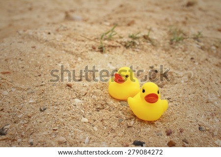 Yellow rubber duck on background of sand.
